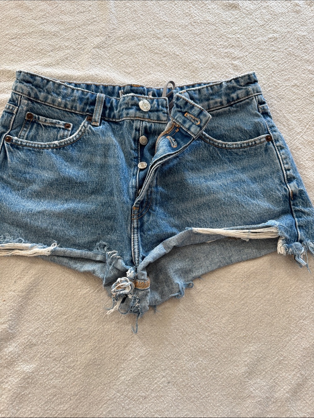 Zara Blue Distressed High-Rise Denim Shorts